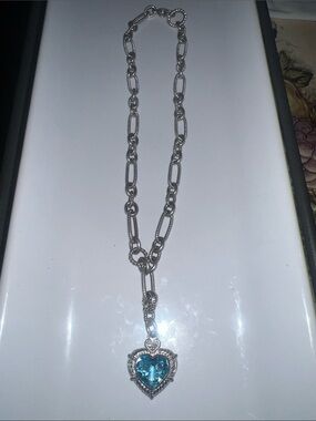 Judith Ripka Silver Chain Necklace with Blue Heart Pendant